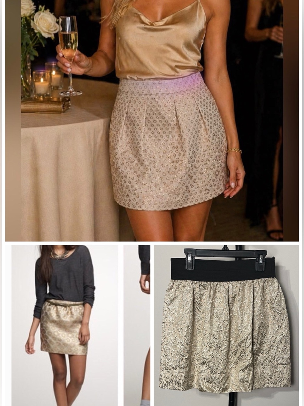 Soca Solid Gold Metallic Jacquard Floral Mini Skirt Small